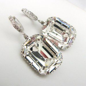 clear white vintage style rectangle square foiled crystal earrings